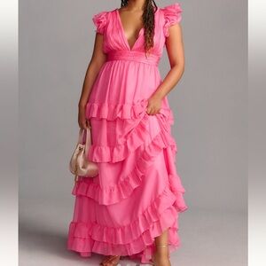 Mac Duggal Tiered V-Neckline Ruched Neckline Pink